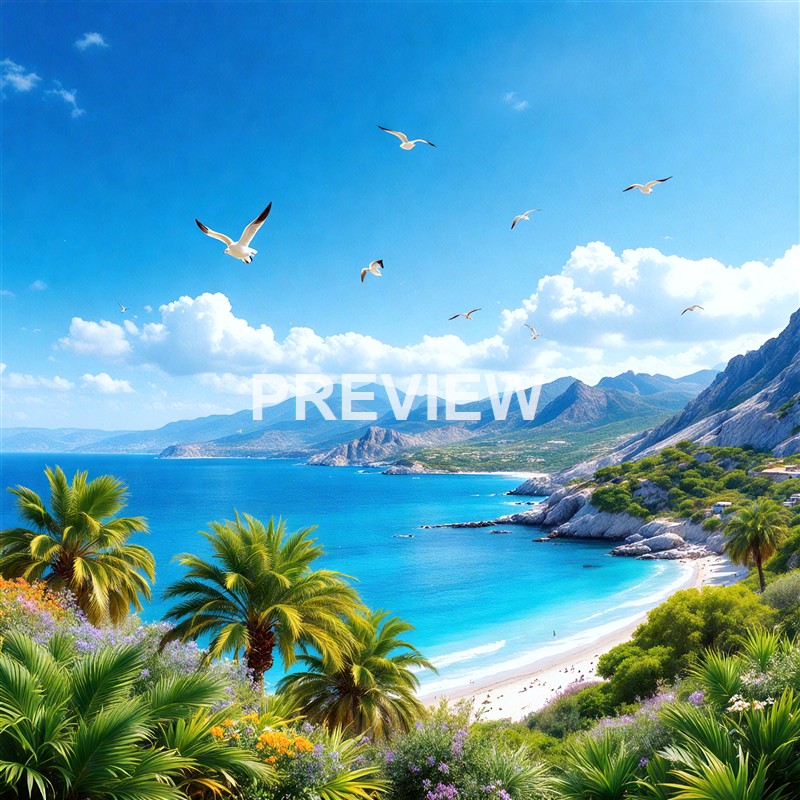 A scenic coastal landscape featuring a bright blue sky with scattered clouds, seagulls flying over a turquoise sea, lush green palm trees and vegetation near a sandy beach, with mountains in the background.